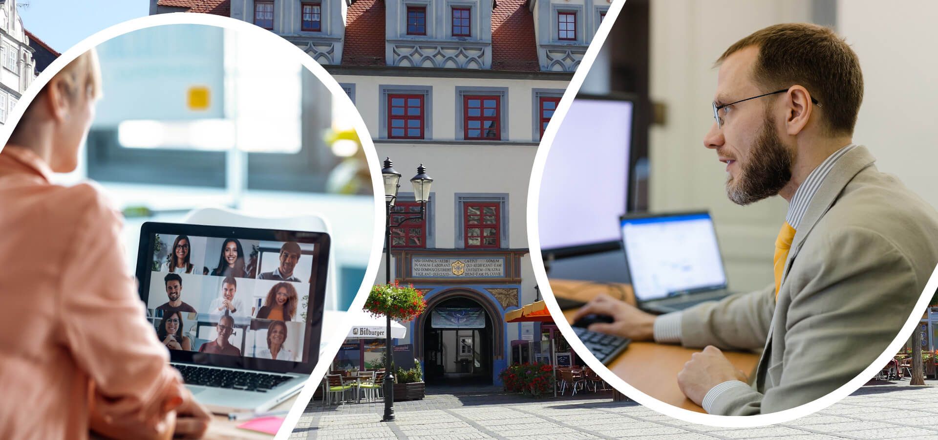 Bildcollage mit einer Frau vor Laptop, die mit anderen Personen eine Videokonferenz führt, weiter dem Marktplatz in Naumburg an der Saale, wo die MIG ihren Hauptsitz hat sowie zwei Frauen in einer Sitzecke, die diskutieren.