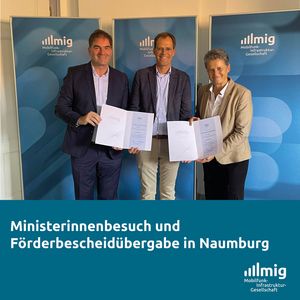 (v.l.n.r.) Ernst Ferdinand Wilmsmann (MIG-Geschäftsführer) Peer Kollecker (DFMG), Dr. Lydia Hüskens (Ministerin für Infrastruktur und Digitales) konnten gleich zwei Förderbescheide auf einmal übergeben. 